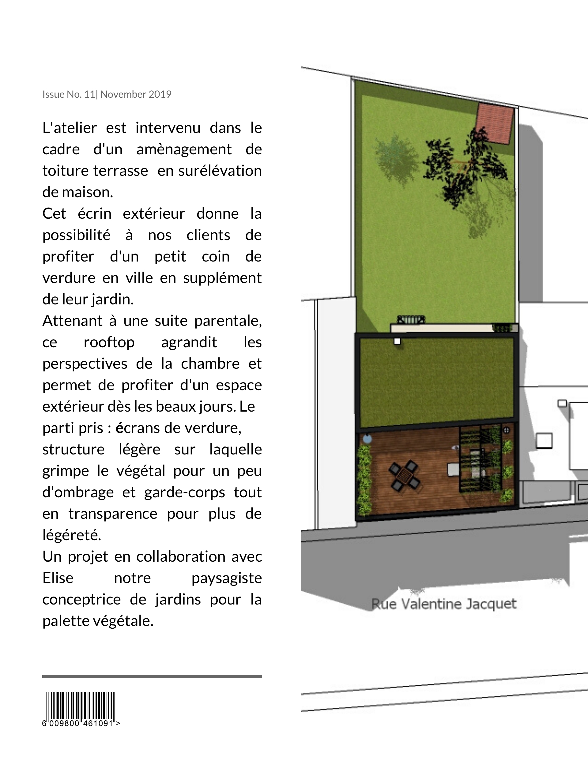 L'atelier est intervenu dans le cadre d'un amènagement de toiture terrasse  en surélévation de maison. Cet écrin extérieur donne la possibilité à nos clients de profiter d'un petit coin de verdure en ville en supplément de leur jardin. Attenant à une suite parentale, ce rooftop agrandit les perspectives de la chambre et permet de profiter d'un espace extérieur dès les beaux jours. Le parti pris : écrans de verdure, structure légère sur laquelle grimpe le végétal pour un peu d'ombrage et garde-corps tout en transparence pour plus de légéreté. Un projet en collaboration avec Elise notre paysagiste conceptrice de jardins pour la palette végétale.