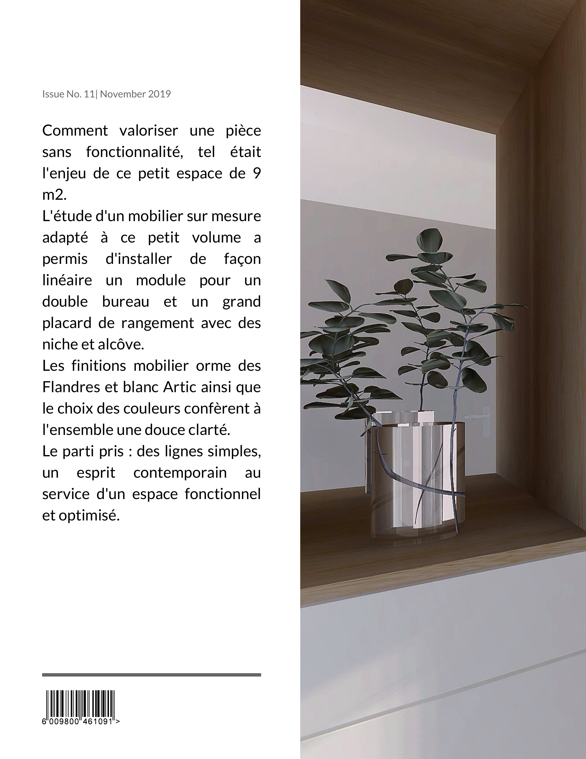 Comment valoriser une pièce sans fonctionnalité, tel était l'enjeu de ce petit espace de 9 m2. L'étude d'un mobilier sur mesure  adapté à ce petit volume a permis d'installer de façon linéaire un module pour un double bureau et un grand placard de rangement avec des niche et alcôve. Les finitions mobilier orme des Flandres et blanc Artic ainsi que le choix des couleurs confèrent à l'ensemble une douce clarté. Le parti pris : des lignes simples, un esprit contemporain au service d'un espace fonctionnel et optimisé.